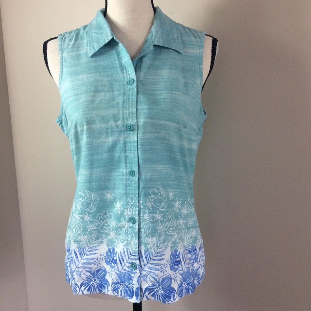 Columbia Teal Sleeveless Button Front Shirt Sz M